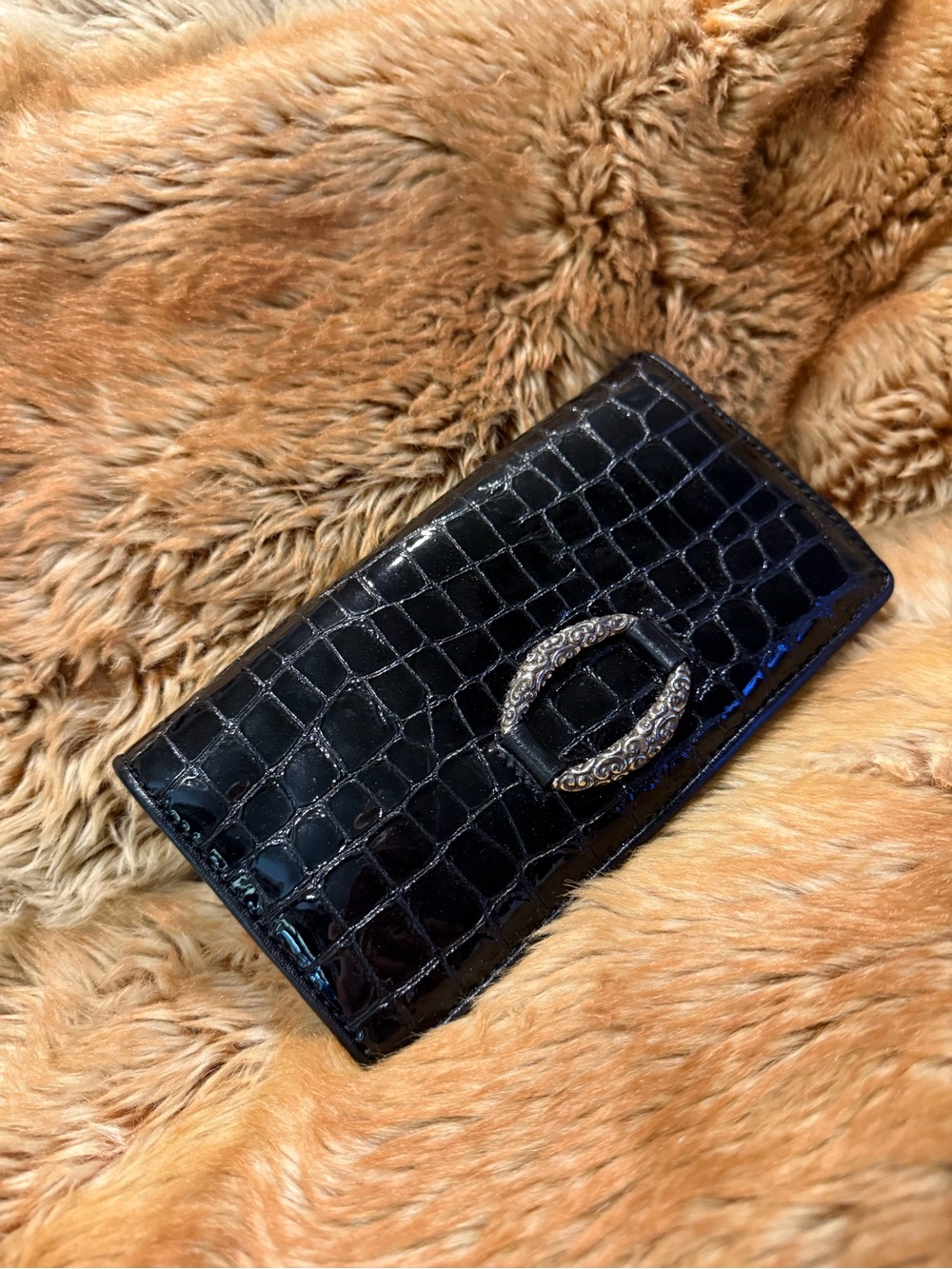 Vintage Brighton "Cher" Croc-Embossed Black Patent Leather Wallet